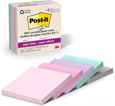 Post-It 100% Recycled Paper Super Sticky Notes, 3 In. X 3 In., 5 Pads, 70 Sheets