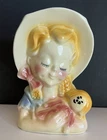Lady Head Vase 6-1/4”Vintage Shawnee Pottery Girl w/ Doll USA 810 Wall Pocket
