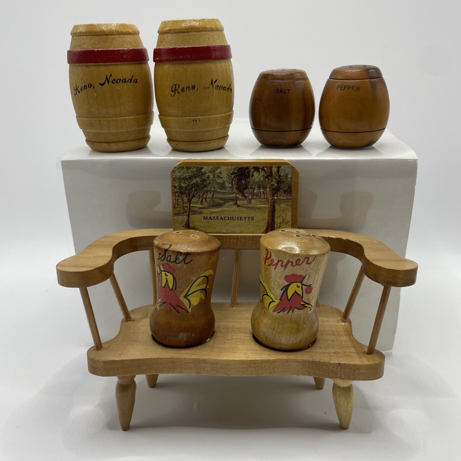 Lot of 3 Vintage Wooden Salt & Pepper Shakers Massachusetts Bench, Reno Barrels