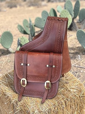 Western  Attractive Brown Leather Tooled Saddle Bag For Horse