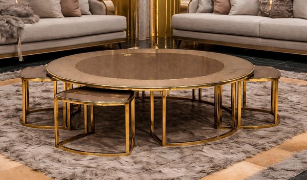 Exklusiver Beiger Couchtisch LuxuriöSe Goldverzierung Kaffeetisch-image