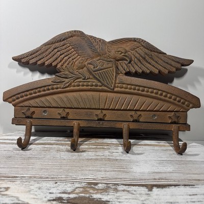 Vintage Cast Iron American Bald Eagle Figure Mount with hooks 14'' 