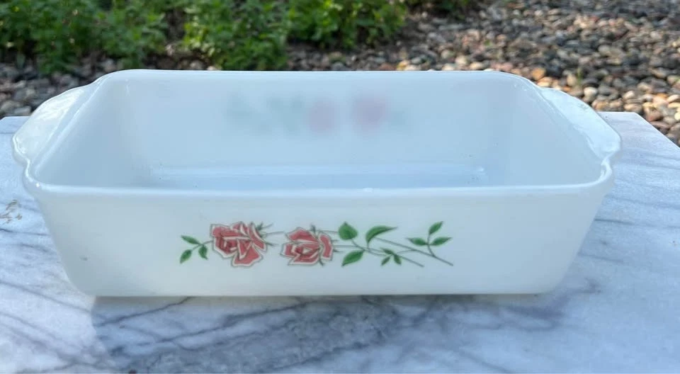 Vintage Fire King Milk Glass Glasbake 1 QT Loaf Pan with Roses 409