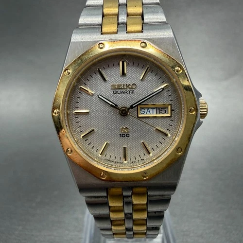 Seiko SQ Watch Women 26mm Silver Dial Two Tone Daydate 2A23-0100 New Battery VTG
