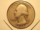 1936 WASHINGTON QUARTER, SILVER, FREE SHIPPING (#882D)