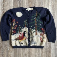 VTG Eagle’s Eye Women’s M Cardigan Sweater Wool Mohair Winter Scene Animals READ