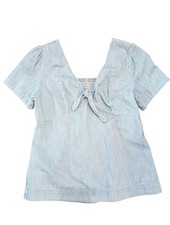 Women's Light Blue Denim Chambray Short Sleeve Baby Doll Blouse Festival Sz M