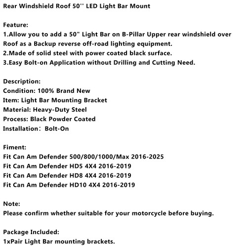 Rear Windshield Roof 50"LED Light Bar Mount For Can Am Defender 500/800/1000 - Picture 8 of 12