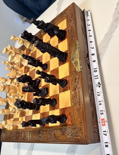Vintage Fold-Up Chess Board Game Table & Pieces carved Wood Portable Folding - Picture 11 of 24