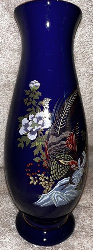 Vintage Cobalt Blue Porcelain Peacock Flowers Japanese Vase 8” Tall Boho - Picture 3 of 7