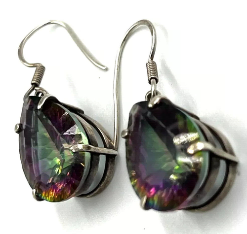 Antique Large Silver 925 & Mystic Rainbow Topaz Earrings - 6.98g - Exquisite!!