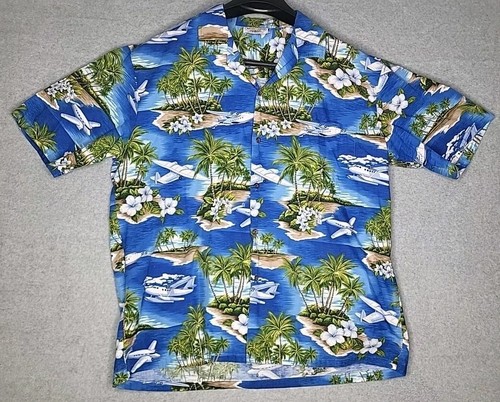 Pacific Legend Hawaiian Shirt Men's Blue Size 2XL Planes Islands Short Sleeve
