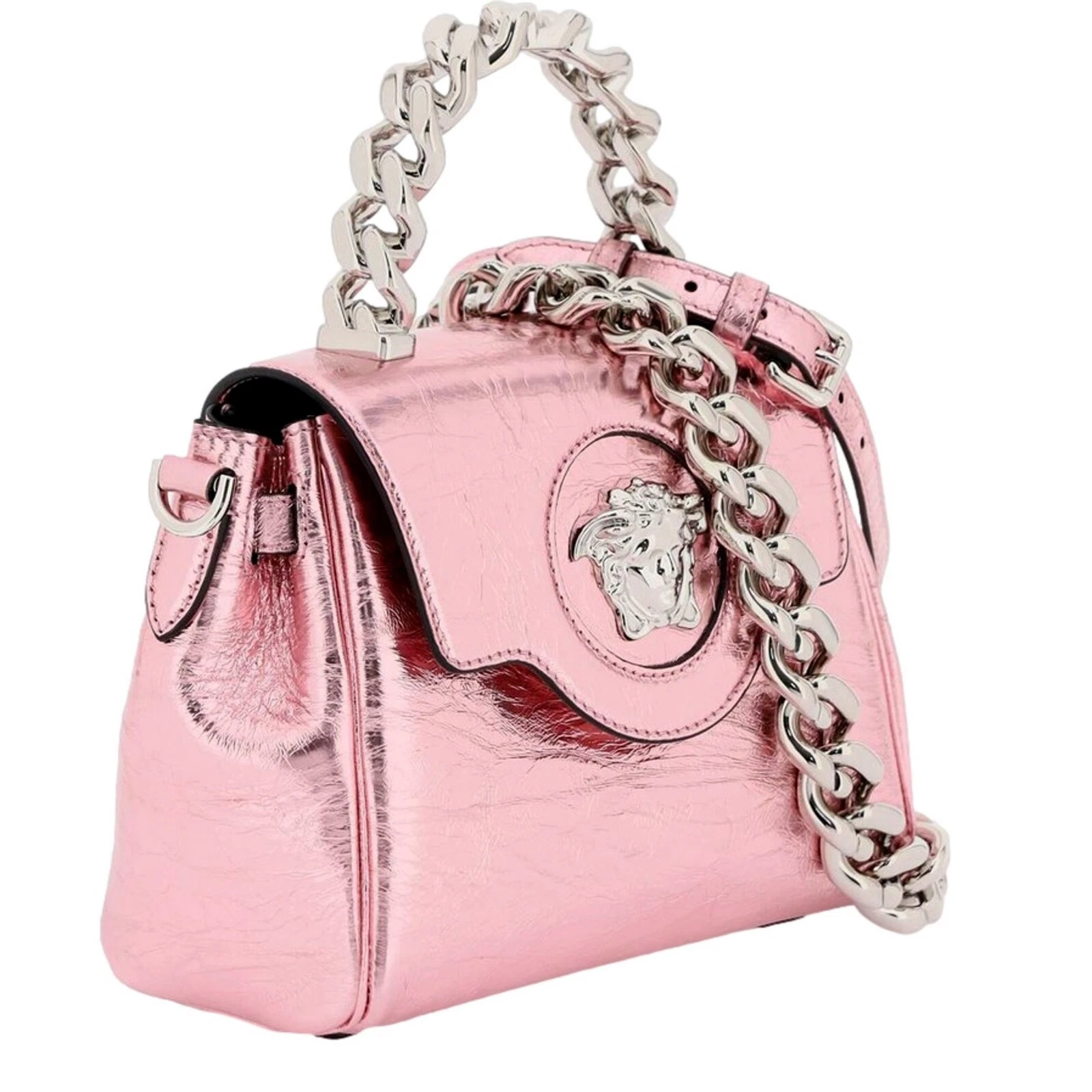 Borsa Versace La Medusa rosa metallizzato manico superiore nuova con etichetta