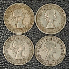 Rhodesia & Nyasaland, 3 Pence, 1955, 56, 57, 62. Average Circ. 4 coins