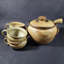 Studio Pottery Soup Tureen With Ladle and Four Soup Cups with Handle 5 piece Set
