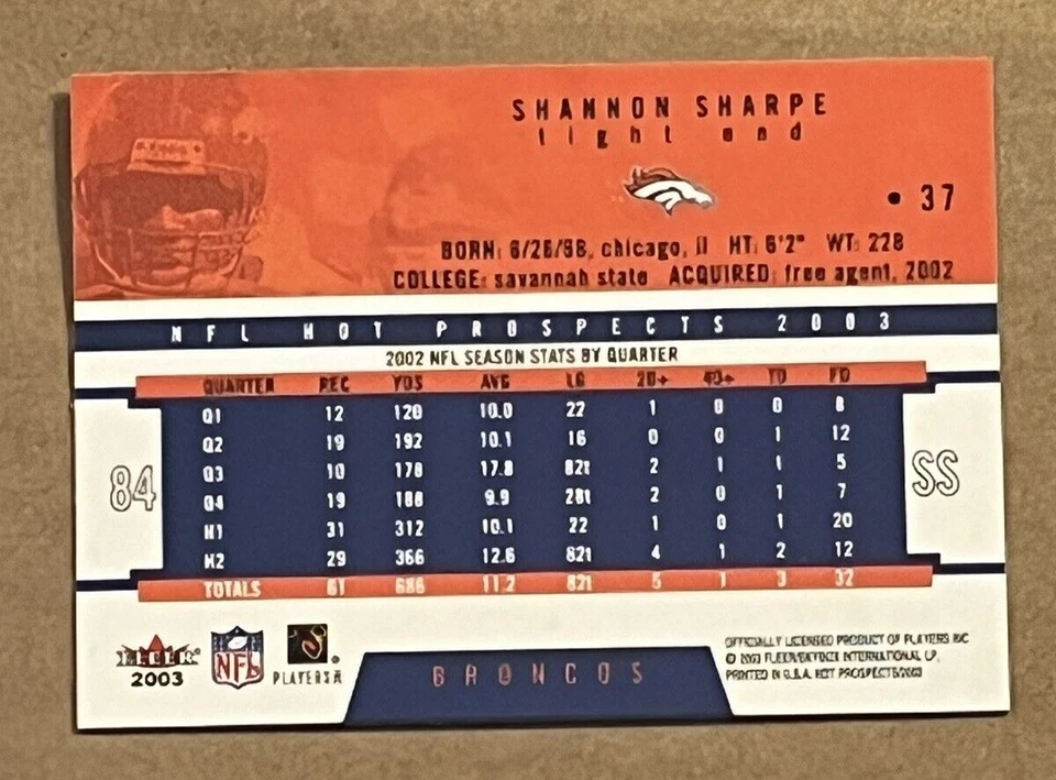 2003 FLEER- HOT PROSPECTS - SHANNON SHARPE BRONCOS #37 - Image 2 of 2