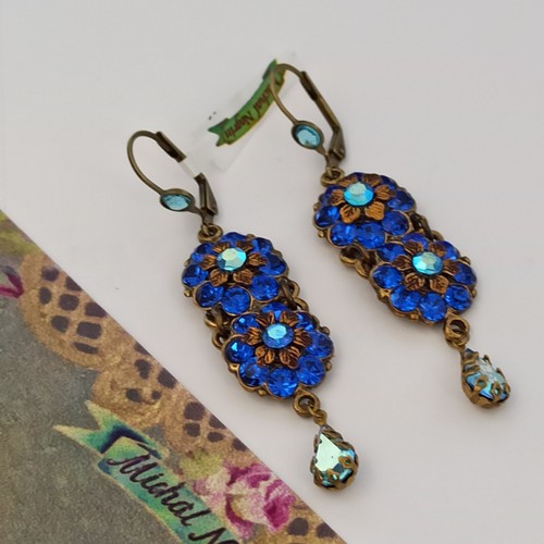 Michal Negrin Earrings Royal Blue With Swarovski Crystals Statement Long Flowers - Picture 11 of 19