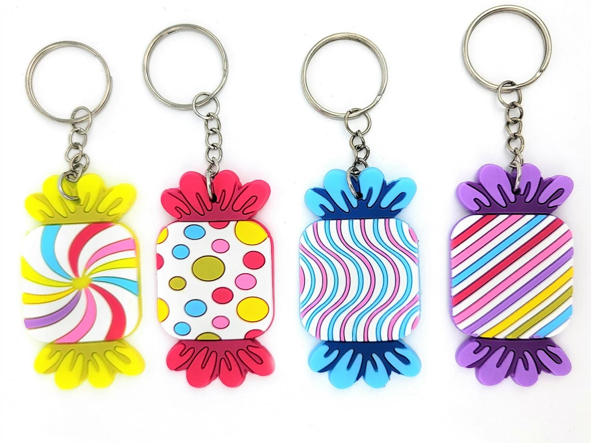 12 Pack Candy Rubber Keychains 4 Styles and Colors. Blue Green