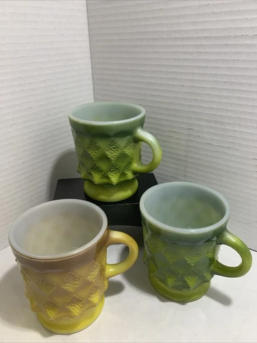 3 Vtg ANCHOR HOCKING Kimberly Diamond Coffee Mugs Yellow Green Blue