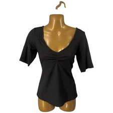 G by Guess Black Ribbed V Neck Ruched Short Sleeve Top Size Medium
