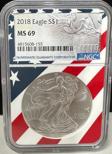 2018 $1 AMERICAN SILVER EAGLE NGC MS69 USA FLAG CORE HOLDER