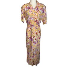 VTG 90s Floral Belted Midi Dress Orange Purple Short Sleeve V-Neck Cottage Sz 8