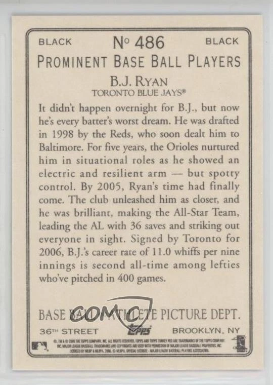 2006 Topps Turkey Red Black BJ Ryan #486 - Image 2 of 2