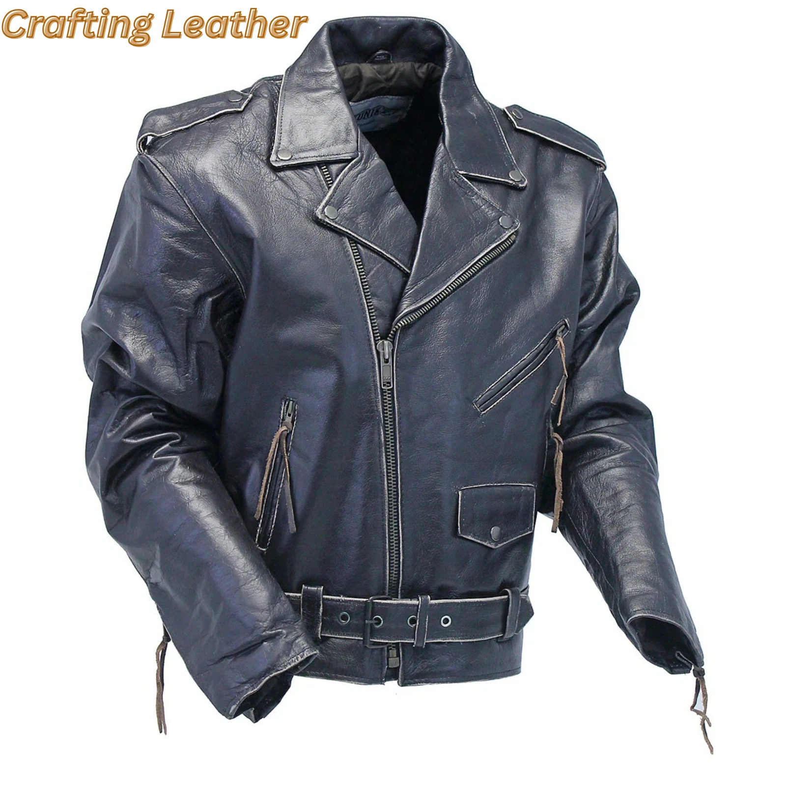 Men’s Black Leather Biker Jacket Belted Moto Motorcycle Rider Jacket Vintage