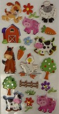 PUFFY FOIL FARM ANIMAL Stickers 19pc Cow  Chicken  Pig  Barn  Horse  Card Making  