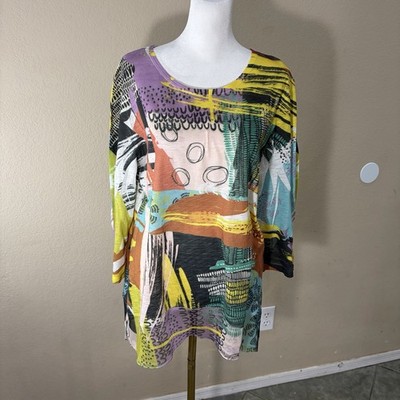 Jess & Jane USA Multicolor Abstract Art Print Tunic Top 3/4 Sleeve sz M Boho