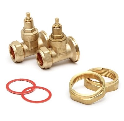 22 mm Zentralheizungspumpenventile (2 Stück) Messing, Absperrschieber, mit Unterlegscheiben.
