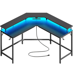 Huuger L En forme de bureau de jeu Power Outlets Led lumières Ordinateur Bureau moniteur