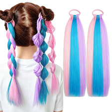 Ponytail Hair Extensions Colorful Tie In 16 Inch Pink Blue Purple Braids 2 Packs