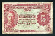 Malaya (P7) 5 Cents 1941 King George VI