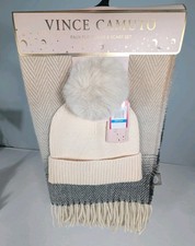 VINCE CAMUTO Women  s Hat  Scarf Set Faux Fur Pom Beanie and Scarf Set MSRP 48