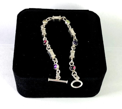 925 Sterling Silver Raspberry, Garnet, Amethyst, & Quartz Link Bracelet ~ 7.25in