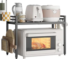  Expandable microwave stand, two-tier metal kitchen countertop storage rack