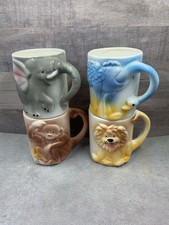 Vintage Ceramic 3-D Animal Child Kid Cup Set of 4 Monkey Elephant Lion Ostrich