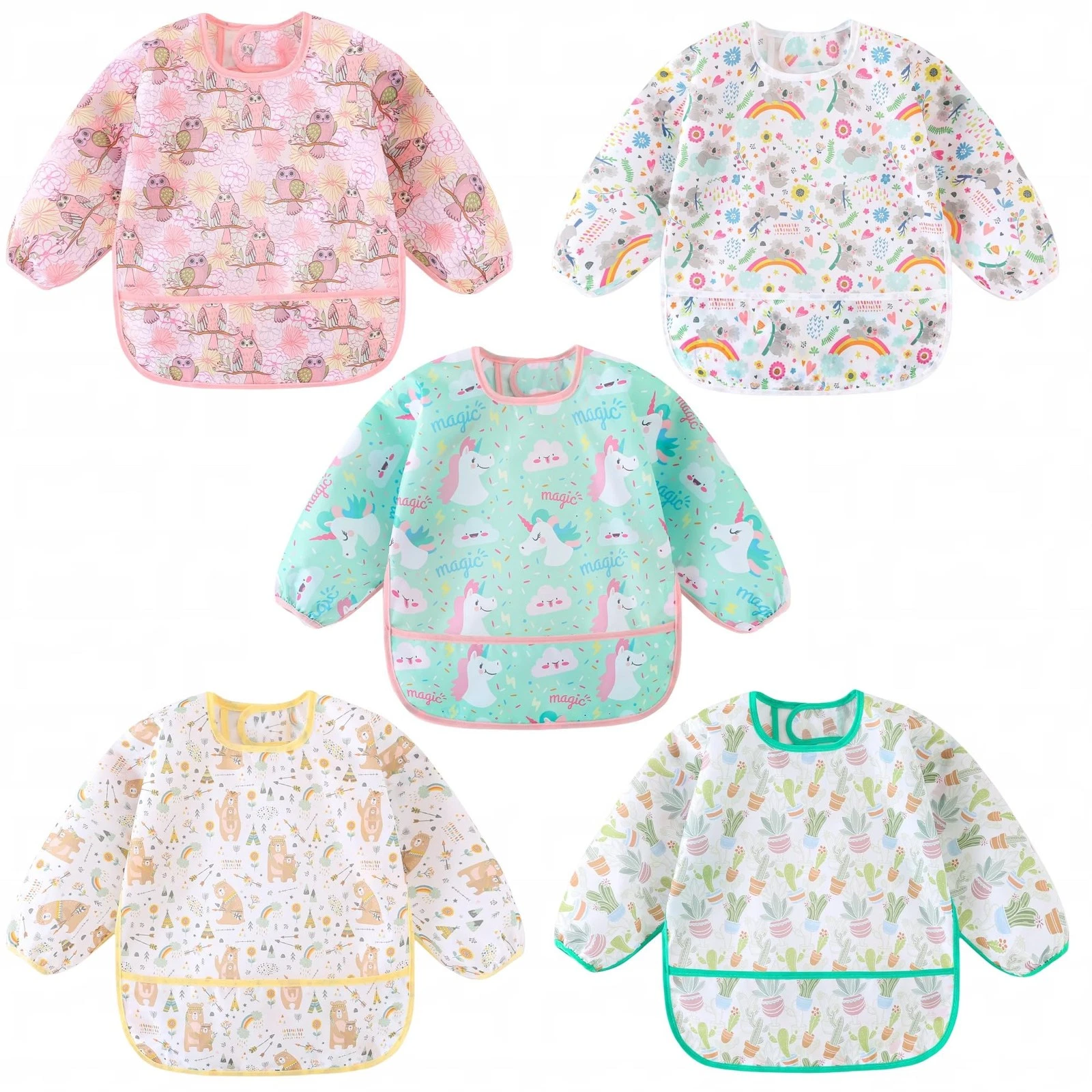 Long Sleeved Bibs, Pack of 5,Lightweight Waterproof Shirt Bibs for Baby 6-30 ...