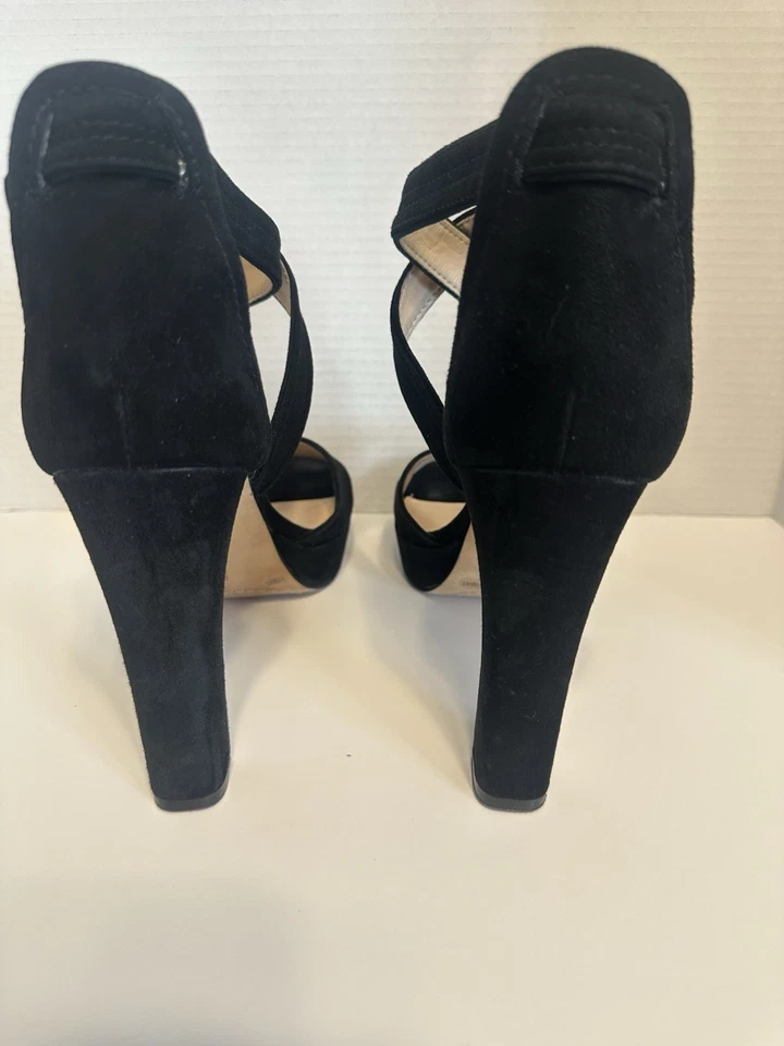 Vince Camuto Sandals Womens 11 Black Suede Heeled Cross Strap Open Toe Shayla - Image 4 of 4