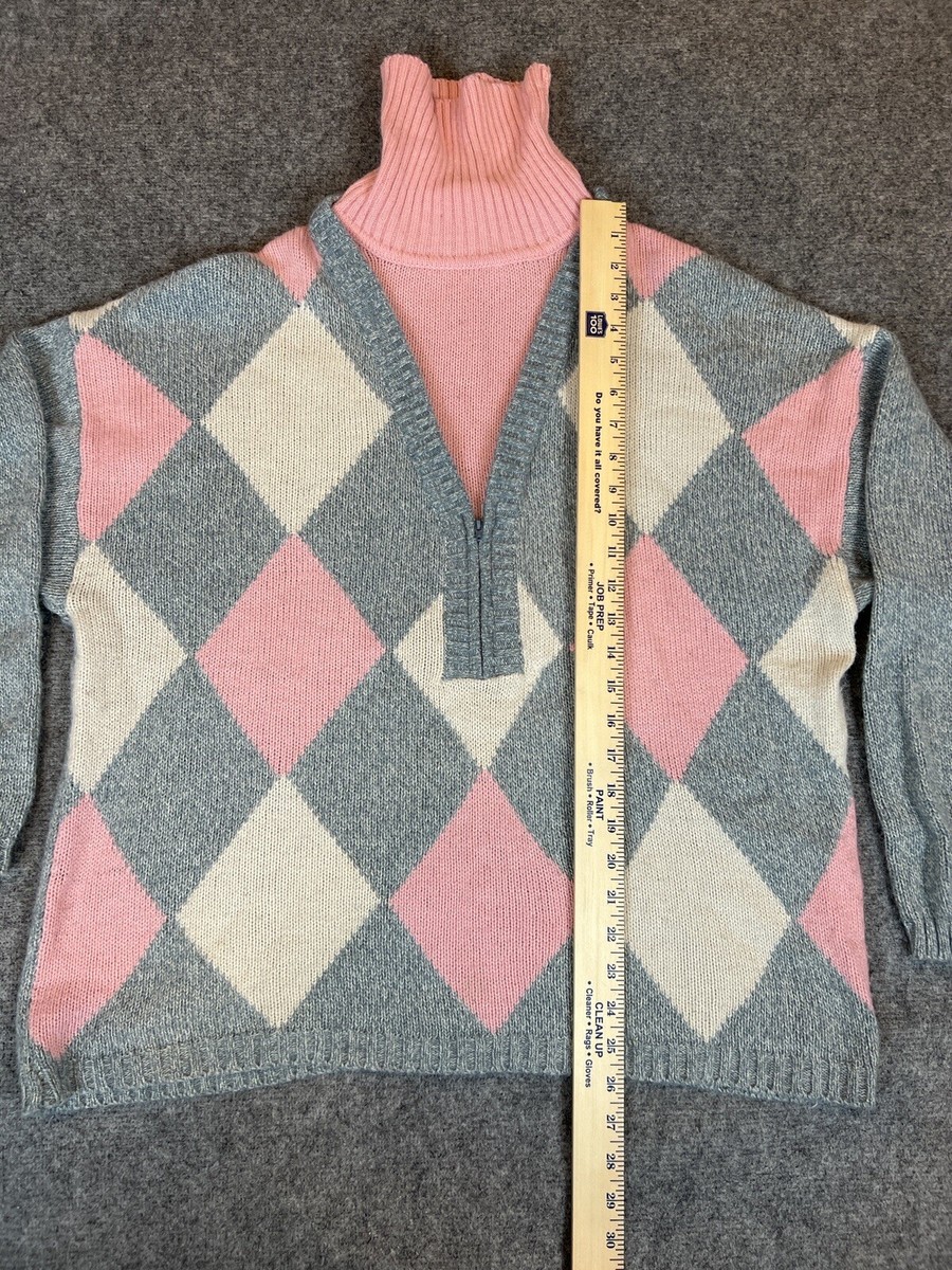 Argyle hood knit top【グレー×ベビーピンク】 VTG 90s Benedetto Argyle Sweater Womens Medium Gray Pink Rollover
