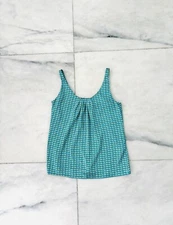 Y2K VTG NY&CO Camisole Green Blue Print Satin Scoop Neck Womens XS Career Boho