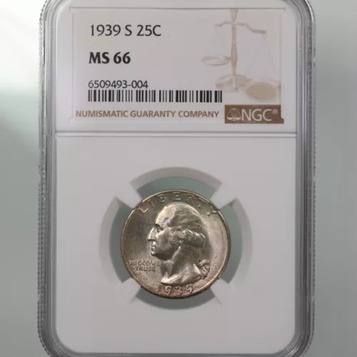 1939-S Washington 25C NGC Certified MS66 San Francisco Mint Silver Quarter Coin