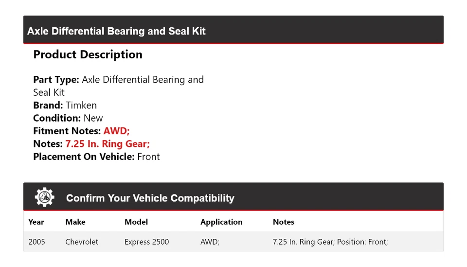 For 05 Chevrolet Express 2500 Axle Differential Bearing  Seal Kit Front Tim - Image 2 of 3