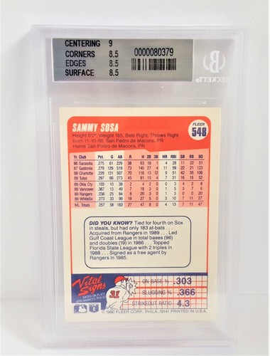 Sammy Sosa Rookie Card 1990 Fleer #548 BGS 8.5 NM MT+ White Sox MLB Baseball - Picture 6 of 7