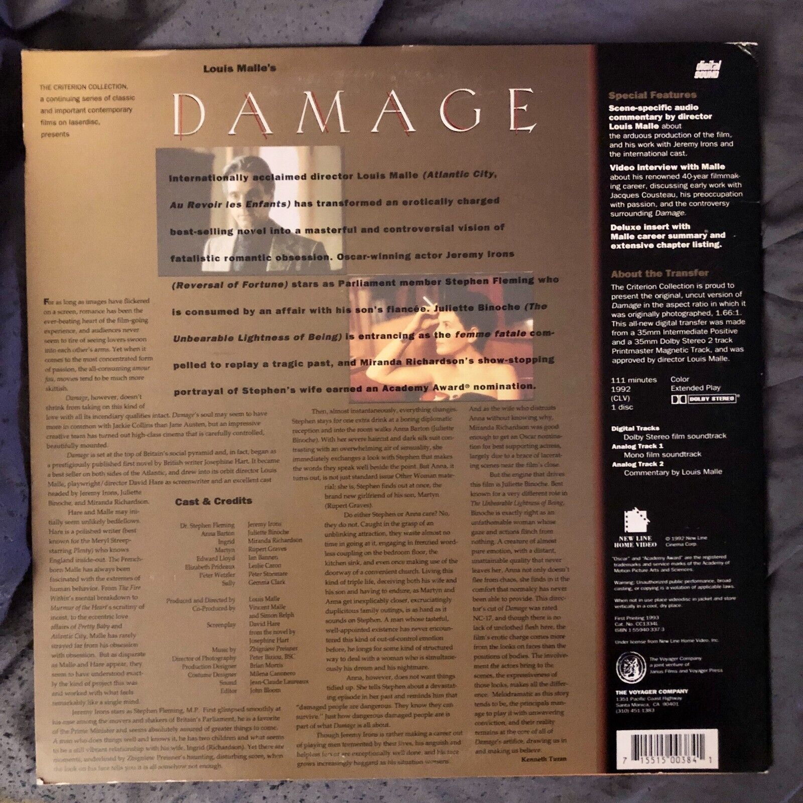DAMAGE 1992 LD BLU-RAY Laserdisc CRITERION Louis Malle commentary RARE  Binoche