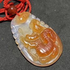 VINTAGE Carved Nephrite Jade Dragon Pendant For Necklace Retro On Red Cord Lucky