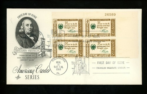 US FDC #1140 Artcraft M-4 1960 PA Ben Franklin Credo Plate Block PB Dual