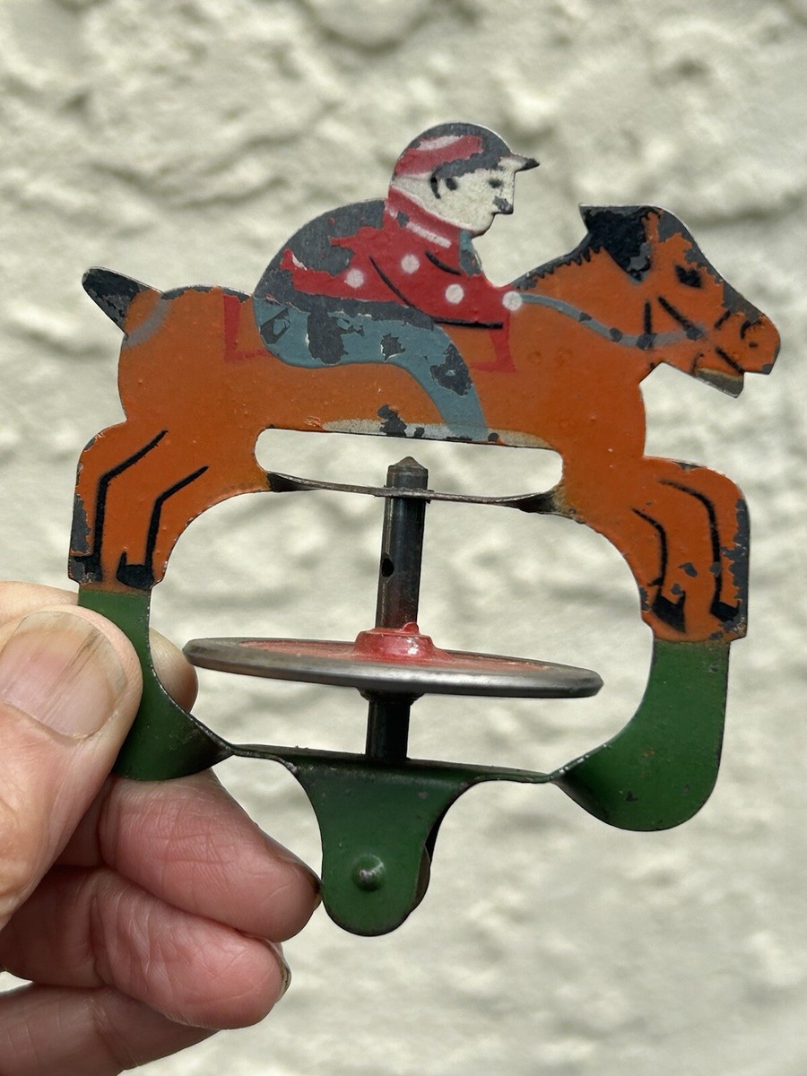ボーンカービング Vintage Japan Metal Jockey Gyro Toy Equestrian Horse Racing