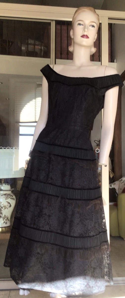 Vtg 50s Black Lace Full Skirt Evening Cocktail Formal Dress 10 12